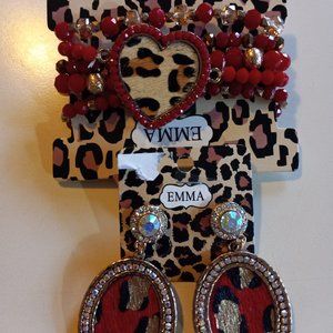 Emma brand 5 stretch bracelets, leopard print heart & matching leopard earrings